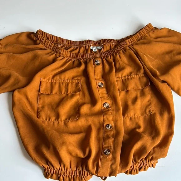 Orange Puff Sleeve Crop Blouse with Tie Front - Picture 5 of 5